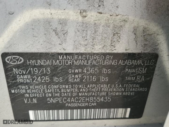 2014 Hyundai Sonata SE with VIN 5NPEC4AC2EH855435, listed as a Copart auction lot 42081724 with 130,917 mi miles and Salvage Title. Bid and sale history available at carsss.com. Image 12.