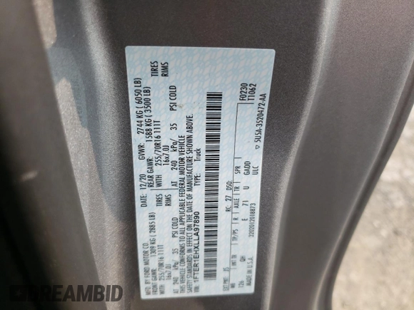 2020 Ford Ranger XL with VIN 1FTER1EHXLLA97890, listed as a Copart auction lot 59202705 with 30,580 mi miles and Salvage title. Bid and sale history available at DreamBid. Image 13.