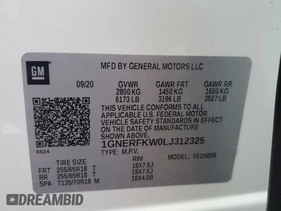 2020 Chevrolet Traverse LS with VIN 1GNERFKW0LJ312325, listed as a Copart auction lot 57518125 with 53,748 mi miles and Salvage title. Bid and sale history available at DreamBid. Image 13.