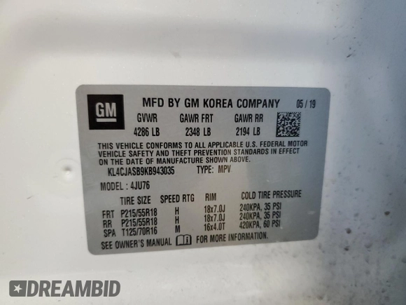 2019 Buick Encore Preferred with VIN KL4CJASB9KB943035, listed as a Copart auction lot 53169025 with 66,995 mi miles and Clean Title. Bid and sale history available at carsss.com. Image 13.