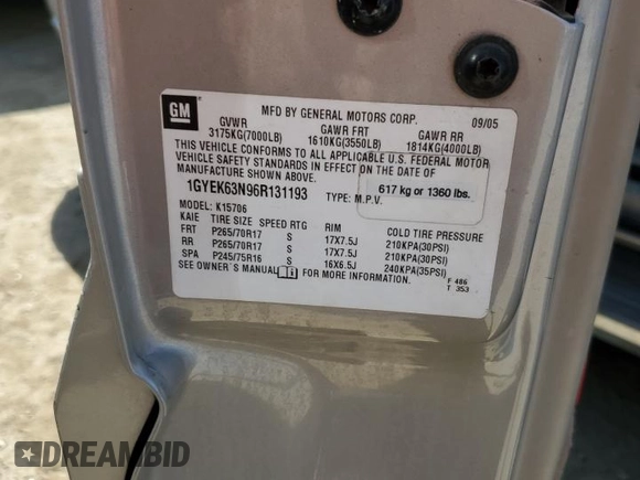 2006 Cadillac Escalade с VIN 1GYEK63N96R131193, выставлен на аукционе Copart как лот 60567285 с пробегом 276 201 миль миль и Чистый • Clean title. История ставок и продаж доступна на DreamBid. Изображение 13.