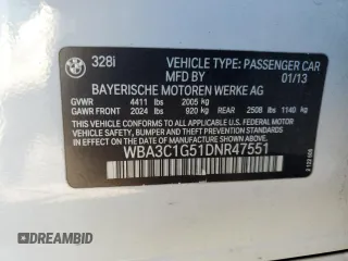 2013 BMW 3 Series 328i with VIN WBA3C1G51DNR47551, listed as a Copart auction lot 55408905 with 131,930 mi miles and Salvage Title. Bid and sale history available at DreamBid. Image 13.