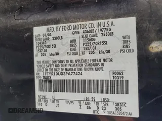 2003 Ford Ranger XL with VIN 1FTYR10UX3PA77424, listed as a Copart auction lot 48471125 with 225,925 mi miles and Salvage Title. Bid and sale history available at carsss.com. Image 12.