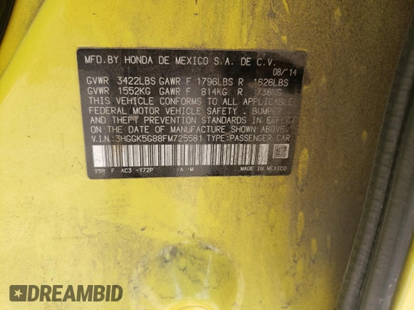 2015 Honda Fit EX with VIN 3HGGK5G88FM725581, listed as a Copart auction lot 55156905 with 63,680 mi miles and Salvage title. Bid and sale history available at DreamBid. Image 13.