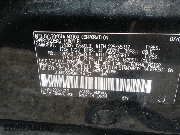 2008 Toyota RAV4 with VIN JTMBD35V585214127, listed as a IAAI auction lot 37063419 with 1 mi miles. Bid and sale history available at carsss.com. Image 9.