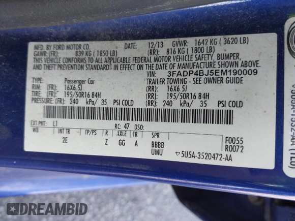 2014 Ford Fiesta SE with VIN 3FADP4BJ5EM190009, listed as a IAAI auction lot 42036976 with 157,575 mi miles. Bid and sale history available at carsss.com. Image 9.