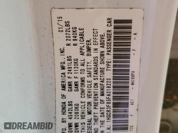 2015 Honda Accord Touring with VIN 1HGCR3F95FA018220, listed as a Copart auction lot 54275275 with Not provided miles and Salvage title. Bid and sale history available at DreamBid. Image 13.