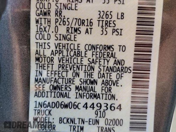 2006 Nissan Frontier Nismo z VIN 1N6AD06W06C449364, wystawiony jako Copart lot #66186774 z przebiegiem 320 070 mil mil oraz Szkoda całkowita • Salvage title. Historia ofert i sprzedaży dostępna na DreamBid. Obrazek 12.