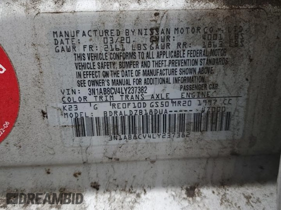 2020 Nissan Sentra SV with VIN 3N1AB8CV4LY237382, listed as a Copart auction lot 84118414 with 79,835 mi miles and Salvage Title. Bid and sale history available at DreamBid. Image 13.