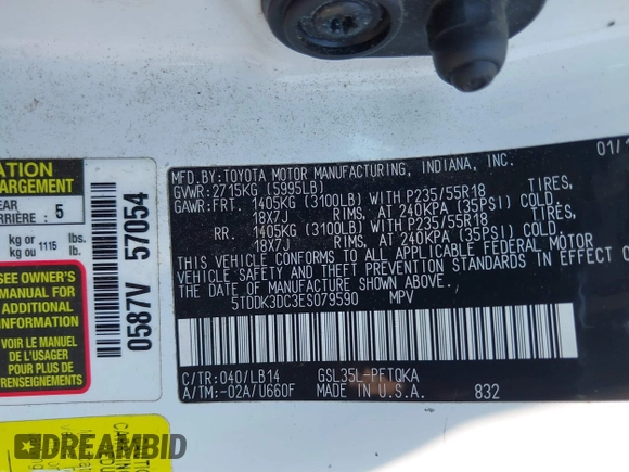 2014 Toyota Sienna Limited with VIN 5TDDK3DC3ES079590, listed as a IAAI auction lot 42694690 with 189,456 mi miles and . Bid and sale history available at DreamBid. Image 9.
