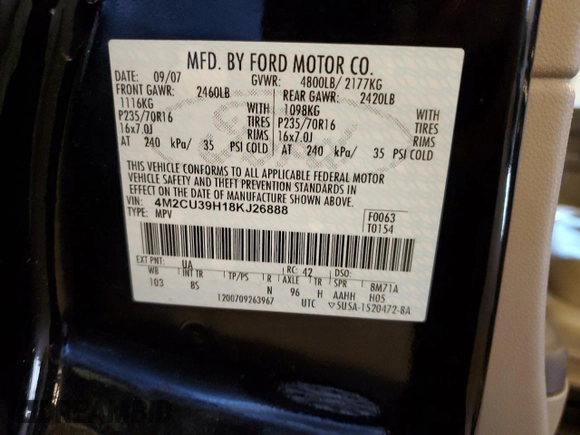 2008 Mercury Mariner с VIN 4M2CU39H18KJ26888, выставлен на аукционе Copart как лот 86360674 с пробегом 194 374 миль миль и На запчасти • Non repairable. История ставок и продаж доступна на DreamBid. Изображение 12.