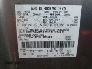 2007 Ford F-150 XLT with VIN 1FTRW14W27FB16883, listed as a Copart auction lot 57176755 with 166,941 mi miles and Clean title. Bid and sale history available at DreamBid. Image 13.