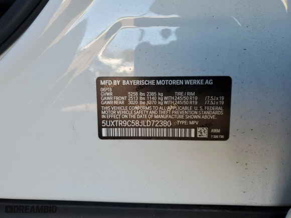 2018 BMW X3 xDrive30i with VIN 5UXTR9C58JLD72380, listed as a Copart auction lot 46430185 with 0 mi miles and Salvage Title. Bid and sale history available at carsss.com. Image 13.
