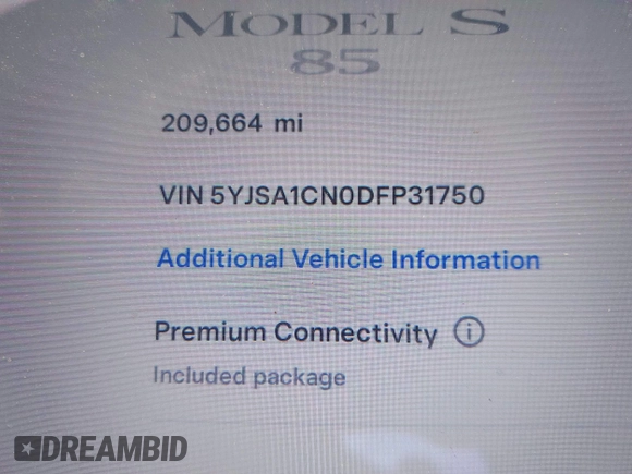 2013 Tesla Model S с VIN 5YJSA1CN0DFP31750, выставлен на аукционе IAAI как лот 41911343 с пробегом 209 664 миль миль и . История ставок и продаж доступна на DreamBid. Изображение 16.