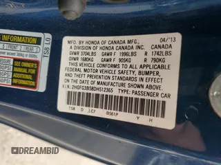 2013 Honda Civic Cpe LX with VIN 2HGFG3B58DH512365, listed as a Copart auction lot 85825034 with 0 mi miles and Salvage Title. Bid and sale history available at carsss.com. Image 13.