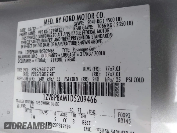 2013 Ford Mustang V6 with VIN 1ZVBP8AM1D5209466, listed as a IAAI auction lot 41529149 with 88,028 mi miles and . Bid and sale history available at carsss.com. Image 9.