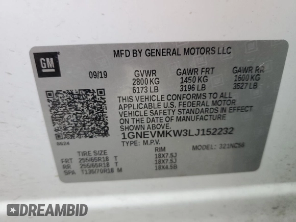 2020 Chevrolet Traverse LT Cloth with VIN 1GNEVMKW3LJ152232, listed as a Copart auction lot 42536015 with 97,485 mi miles and Clean Title. Bid and sale history available at carsss.com. Image 13.