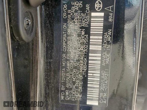 2007 Toyota Camry с VIN JTNBB46K173027554, выставлен на аукционе Copart как лот 59032725 с пробегом 202 695 миль миль и Чистый • Clean title. История ставок и продаж доступна на DreamBid. Изображение 12.