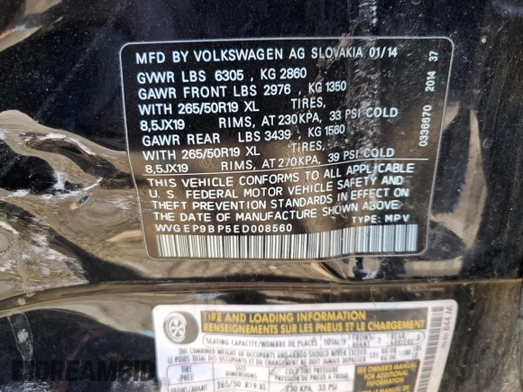 2014 Volkswagen Touareg X z VIN WVGEP9BP5ED008560, wystawiony jako Copart lot #52767595 z przebiegiem Nie podano mil oraz Szkoda całkowita • Salvage title. Historia ofert i sprzedaży dostępna na DreamBid. Obrazek 15.