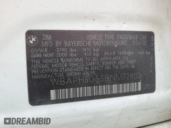 2011 BMW 3 Series 328i with VIN WBAPH5G53BNM72802, listed as a Copart auction lot 54443115 with 178,651 mi miles and Clean Title. Bid and sale history available at carsss.com. Image 12.