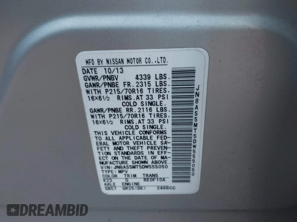 2013 Nissan Rogue S with VIN JN8AS5MT5DW555050, listed as a IAAI auction lot 41090293 with 105,627 mi miles and . Bid and sale history available at DreamBid. Image 9.