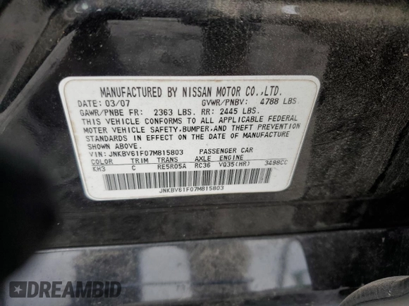 2007 Infiniti G35 G35x with VIN JNKBV61F07M815803, listed as a Copart auction lot 77647404 with 206,091 mi miles and Non Repairable. Bid and sale history available at DreamBid. Image 12.