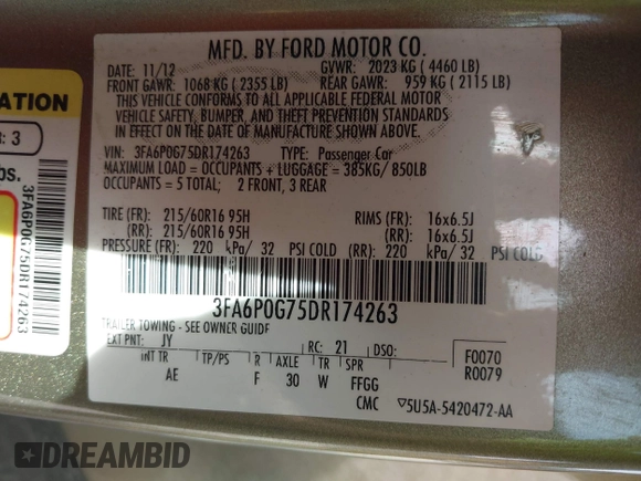 2013 Ford Fusion S with VIN 3FA6P0G75DR174263, listed as a IAAI auction lot 40791693 with 191,895 mi miles and . Bid and sale history available at DreamBid. Image 9.