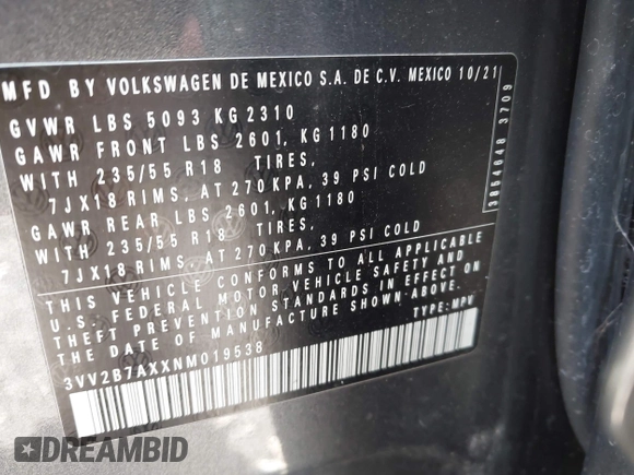 2022 Volkswagen Tiguan SE with VIN 3VV2B7AXXNM019538, listed as a IAAI auction lot 42109211 with 30,576 mi miles and . Bid and sale history available at DreamBid. Image 9.