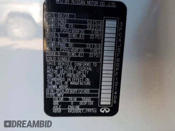2023 Infiniti QX50 Sport with VIN 3PCAJ5FB0PF121405, listed as a Copart auction lot 87066714 with 11,958 mi miles and Salvage Title. Bid and sale history available at DreamBid. Image 13.