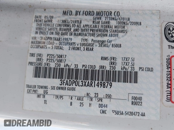 2010 Ford Fusion Hybrid с VIN 3FADP0L3XAR149879, выставлен на аукционе IAAI как лот 42628555 с пробегом 82 855 миль миль и . История ставок и продаж доступна на DreamBid. Изображение 9.