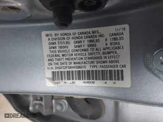 2017 Honda Civic Sedan LX with VIN 2HGFC2F5XHH506010, listed as a IAAI auction lot 39097533 with 193,718 mi miles. Bid and sale history available at carsss.com. Image 9.