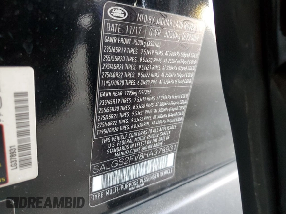 2017 Land Rover Range Rover HSE with VIN SALGS2FV8HA378931, listed as a Copart auction lot 54141495 with 77,839 mi miles and Salvage title. Bid and sale history available at DreamBid. Image 13.
