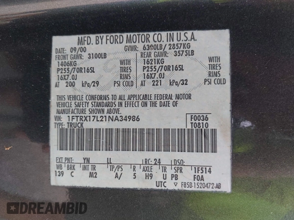 2001 Ford F-150 XL z VIN 1FTRX17L21NA34986, wystawiony jako IAAI lot #42334380 z przebiegiem Nie podano mil oraz . Historia ofert i sprzedaży dostępna na DreamBid. Obrazek 9.