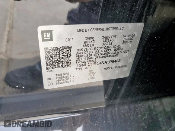 2019 Chevrolet Tahoe Commercial with VIN 1GNLCDEC4KR308468, listed as a Copart auction lot 43573795 with 59,660 mi miles and Salvage title. Bid and sale history available at DreamBid. Image 12.