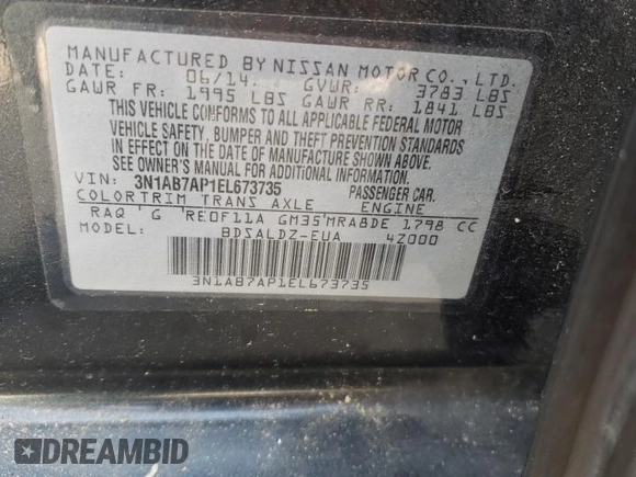 2014 Nissan Sentra S with VIN 3N1AB7AP1EL673735, listed as a Copart auction lot 53940515 with 235,623 mi miles and Salvage Title. Bid and sale history available at DreamBid. Image 12.