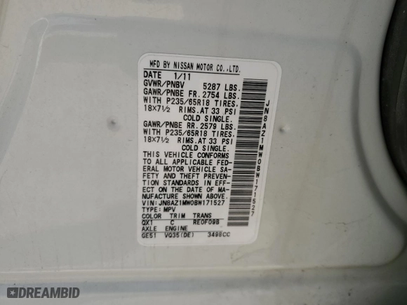 2011 Nissan Murano LE with VIN JN8AZ1MW0BW171527, listed as a Copart auction lot 48197995 with 82,129 mi miles and Salvage Title. Bid and sale history available at carsss.com. Image 14.