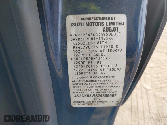 2002 Isuzu Rodeo S with VIN 4S2CK58W324306607, listed as a IAAI auction lot 41466742 with 158,540 mi miles and . Bid and sale history available at DreamBid. Image 9.