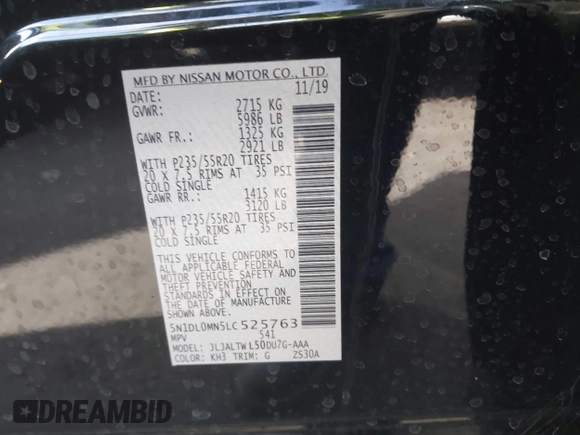 2020 Infiniti QX60 Pure with VIN 5N1DL0MN5LC525763, listed as a IAAI auction lot 41259100 with 38,995 mi miles and . Bid and sale history available at DreamBid. Image 9.