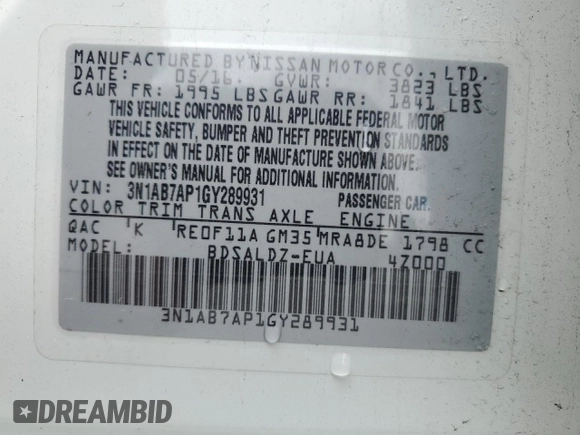 2016 Nissan Sentra SV with VIN 3N1AB7AP1GY289931, listed as a Copart auction lot 51043865 with 81,912 mi miles and Salvage Title. Bid and sale history available at DreamBid. Image 14.