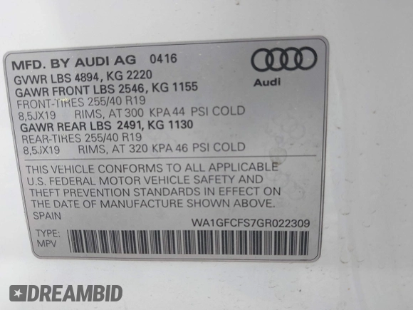 2016 Audi Q3 Prestige with VIN WA1GFCFS7GR022309, listed as a IAAI auction lot 41976521 with 82,118 mi miles and . Bid and sale history available at DreamBid. Image 9.
