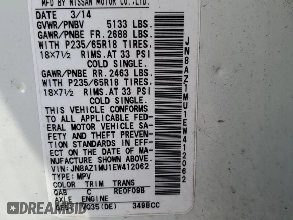 2014 Nissan Murano SV with VIN JN8AZ1MU1EW412062, listed as a Copart auction lot 69320514 with 143,049 mi miles and Salvage Title. Bid and sale history available at carsss.com. Image 13.
