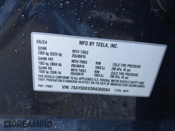 2024 Tesla Model Y Long Range with VIN 7SAYGDEE0RA300064, listed as a IAAI auction lot 41640541 with 5,049 mi miles and . Bid and sale history available at DreamBid. Image 9.