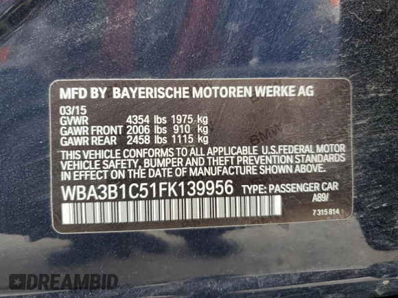 2015 BMW 3 Series 320i with VIN WBA3B1C51FK139956, listed as a Copart auction lot 46886685 with 133,042 mi miles and Salvage Title. Bid and sale history available at carsss.com. Image 13.