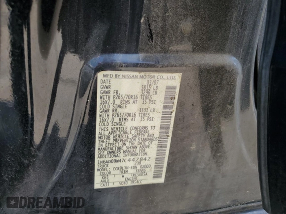 2007 Nissan Frontier SE z VIN 1N6AD09W47C447842, wystawiony jako Copart lot #62757575 z przebiegiem 113 926 mil mil oraz Czysty tytuł • Clean title. Historia ofert i sprzedaży dostępna na DreamBid. Obrazek 12.