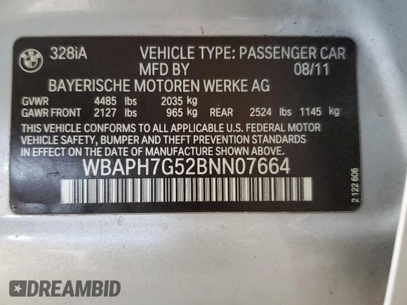 2011 BMW 3 Series 328i z VIN WBAPH7G52BNN07664, wystawiony jako Copart lot #53957575 z przebiegiem 118 371 mil mil oraz Szkoda całkowita • Salvage title. Historia ofert i sprzedaży dostępna na DreamBid. Obrazek 12.
