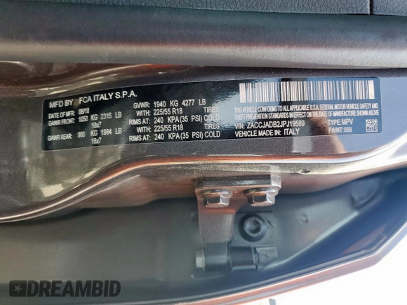 2018 Jeep Renegade Limited with VIN ZACCJADB2JPJ19589, listed as a Copart auction lot 57162995 with 57,585 mi miles and Salvage title. Bid and sale history available at DreamBid. Image 13.