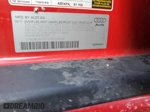 2012 Audi A3 2.0 TDI Premium with VIN WAUBJAFM7CA054204, listed as a Copart auction lot 48037635 with 129,693 mi miles and Salvage Title. Bid and sale history available at carsss.com. Image 13.