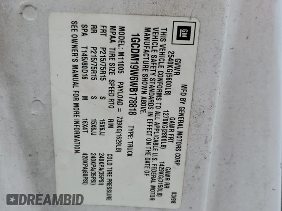 1998 Chevrolet Astro Cargo z VIN 1GCDM19W6WB178818, wystawiony jako Copart lot #71222034 z przebiegiem 95 128 mil mil oraz Szkoda całkowita • Salvage title. Historia ofert i sprzedaży dostępna na DreamBid. Obrazek 14.