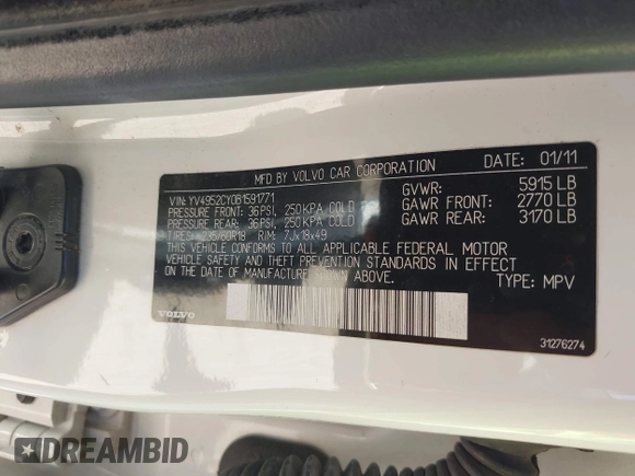 2011 Volvo XC90 I6 with VIN YV4952CY0B1591771, listed as a IAAI auction lot 42521178 with 156,159 mi miles and . Bid and sale history available at DreamBid. Image 9.