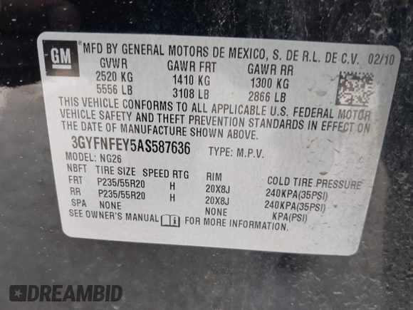 2010 Cadillac SRX Premium Collection with VIN 3GYFNFEY5AS587636, listed as a IAAI auction lot 42243547 with 143,494 mi miles and . Bid and sale history available at DreamBid. Image 9.